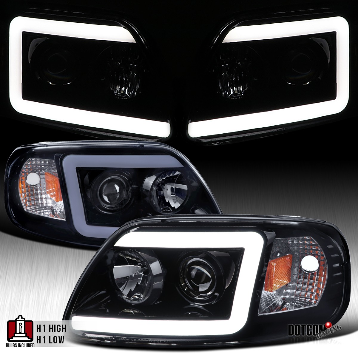 Black/Smoke Fit 1997-2003 Ford F150 LED Tube Projector Headlights Lamps 97-03