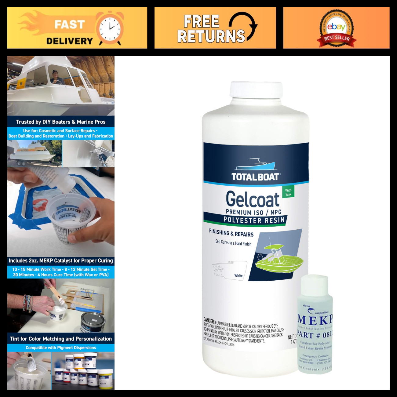 Marine Gelcoat for Fiberglass Repairs - White Quart, Wax Additive, Durable Finis Marine Gelcoat for Fiberglass Repairs - White Quart, Wax Additive, Durable Finis