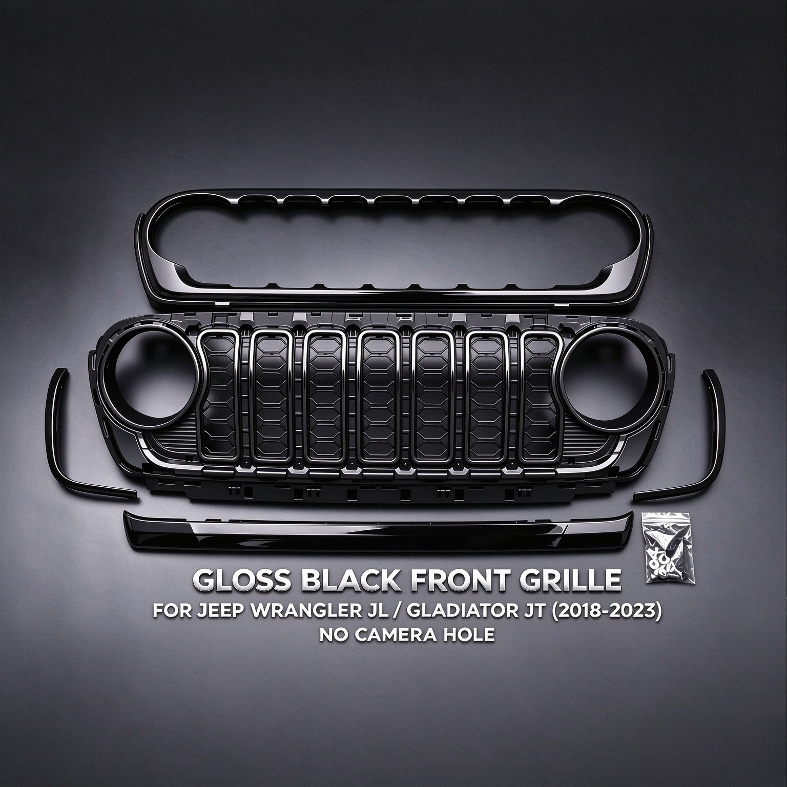 Gloss Black Front Grill For 18-24 Jeep Wrangler JL Gladiator JT w/o Camera Hole