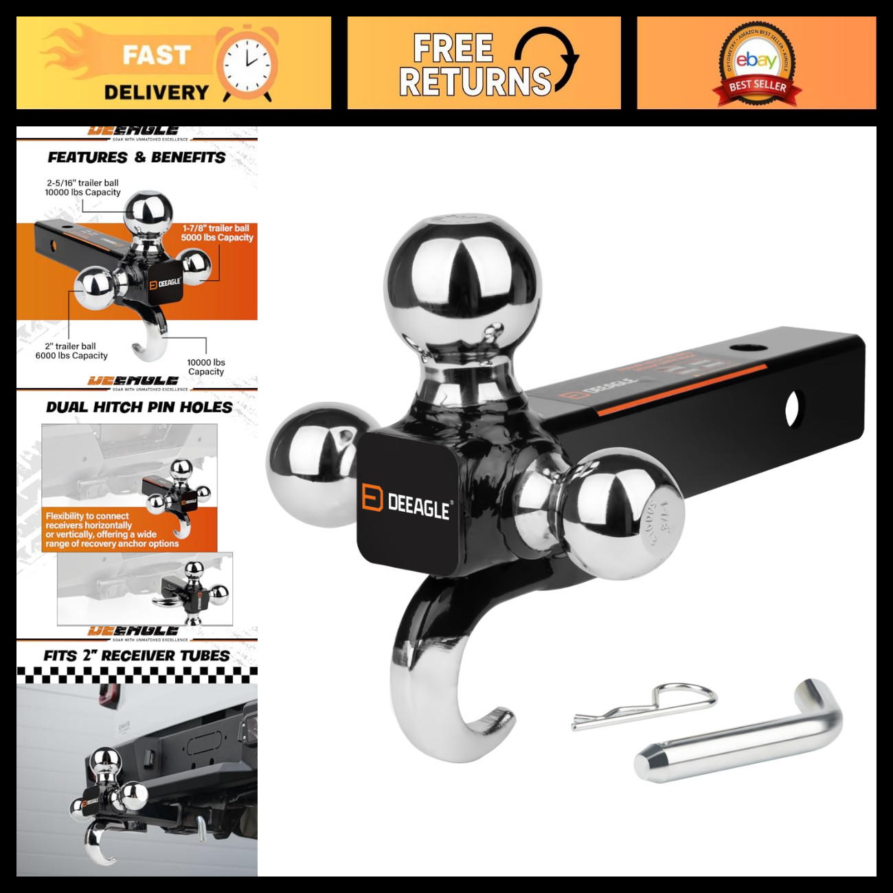 3 Ball Hitch with Hook for 2” Receiver, Heavy Duty Towing Accessory, Durable Tra 3 Ball Hitch with Hook for 2” Receiver, Heavy Duty Towing Accessory, Durable Tra