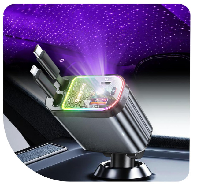 Cargador retráctil para coche 4-en-1 de 69W con carga rápida USB-C y LED
