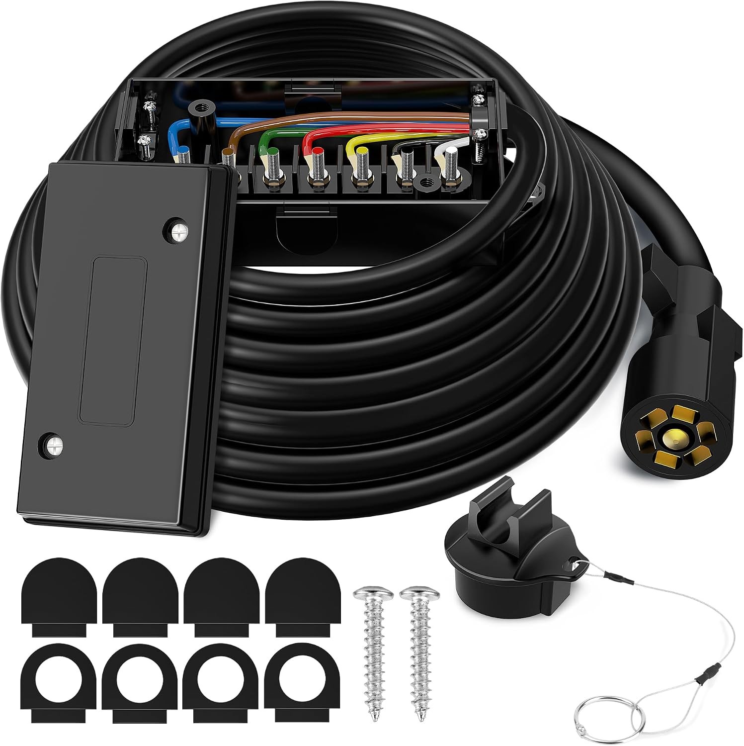 12ft 7 Way Trailer Plug Cord with 7 Gang Junction Box, 7 Pin 12 ft 12ft 7 Way Trailer Plug Cord with 7 Gang Junction Box, 7 Pin 12 ft