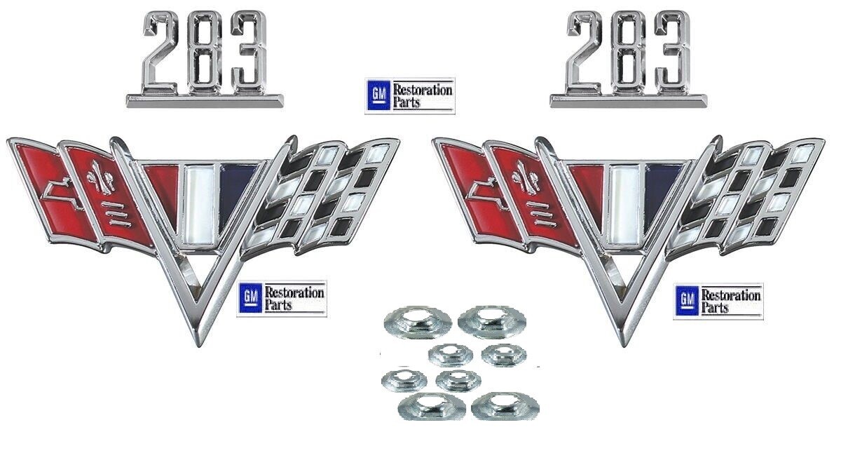 CHEVY 283 V-Flag Fender Emblem 2 Fender Set Inc. nuts **NEW 283 FENDER EMBLEM