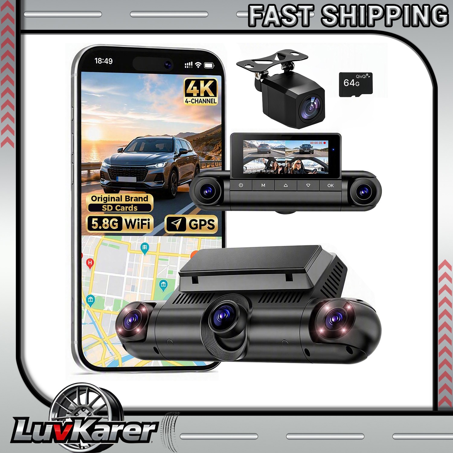 4K 360°4-Channel Dash Cam Front Rear Left Right GPS w/64GB Card 5.8GHz Wi-Fi App