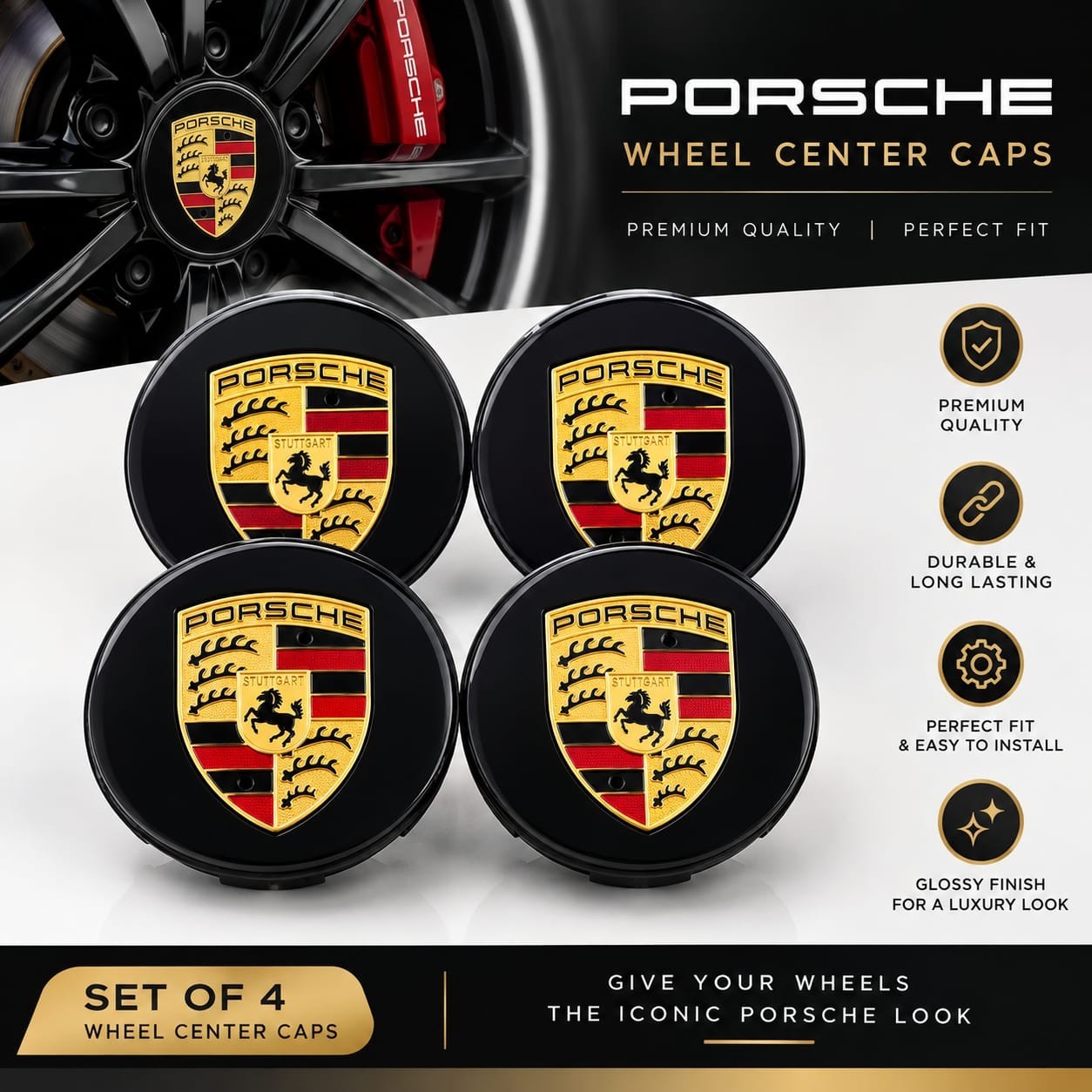 4 Porsche 76mm Wheel Center Caps Gloss Black Concave Hub Caps 911 Macan Cayenne
