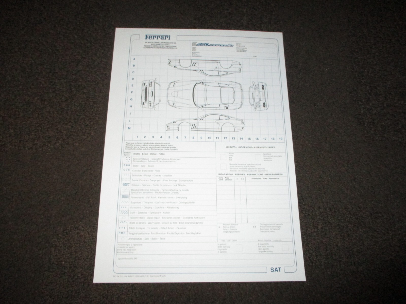 Rare original Ferrari Factory 550 Maranello Production Inspection SAT sheet OEM Rare original Ferrari Factory 550 Maranello Production Inspection SAT sheet OEM