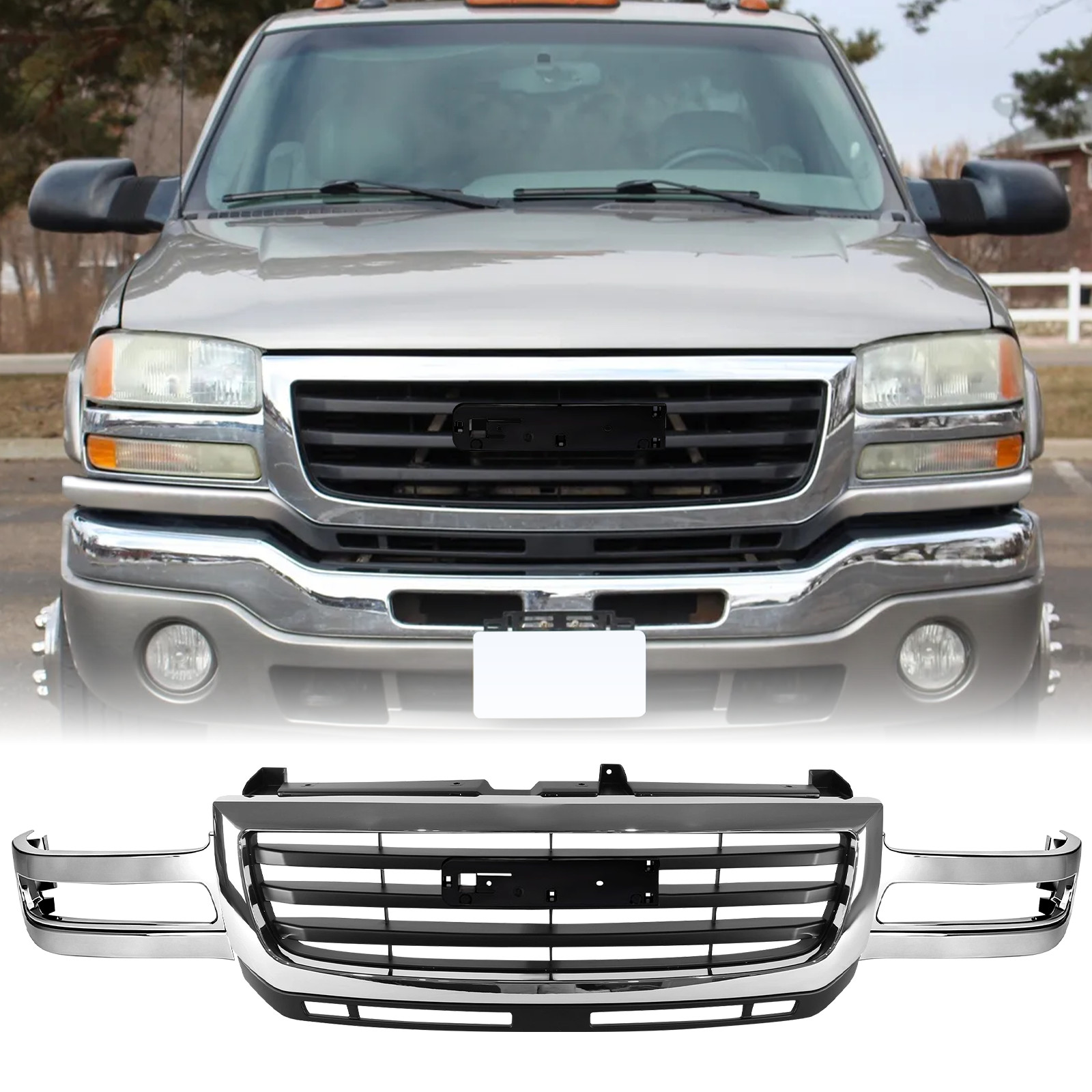 Fit For 2003-2006 GMC Sierra 2500HD/3500, 2007 Classic Grille Chrome/Matte Black