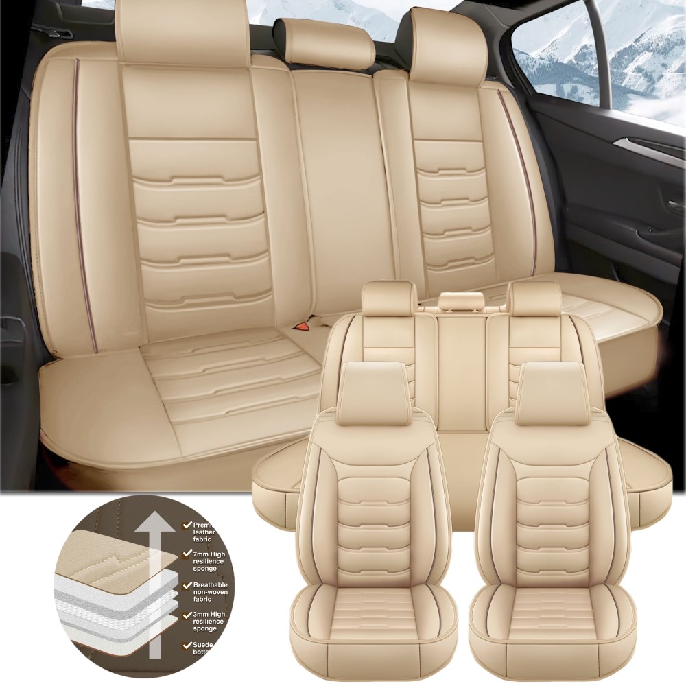 5-Seats Car Seat Covers PU Leather Front + Rear Cushion Full Set Universal Beige