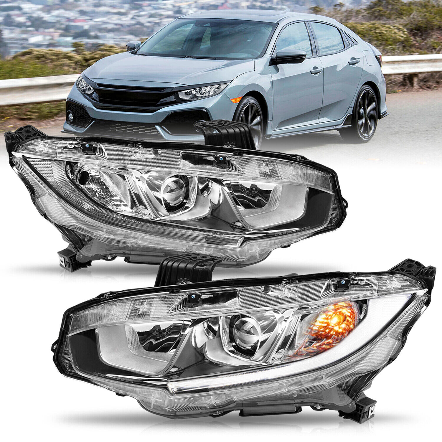 For 2016-2021 Honda Civic Halogen Projector Chrome Headlights Assembly Lamps L+R