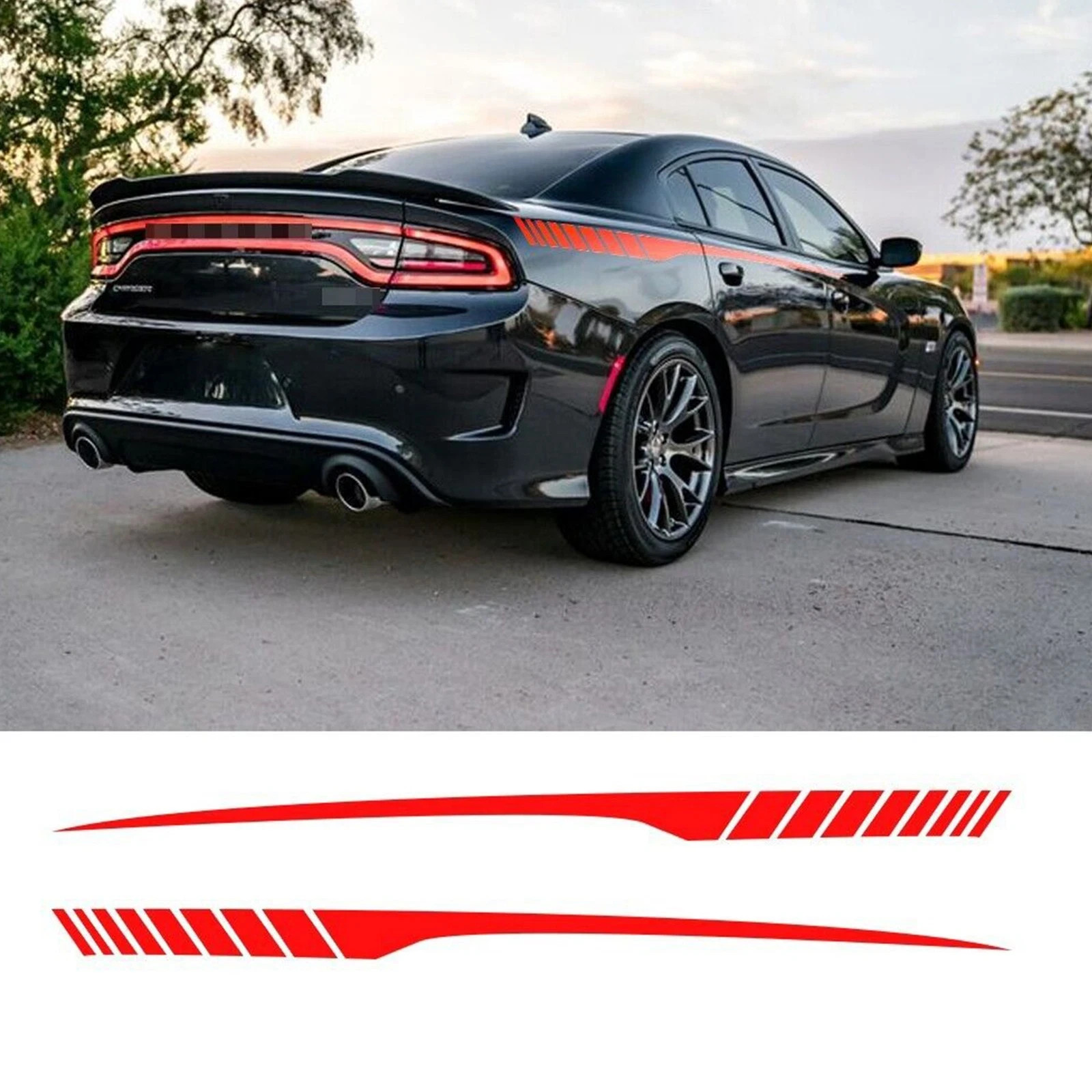 2PCS Glossy Red Sport Car Rear Trunk Side Stripe Sticker for Dodge Charger