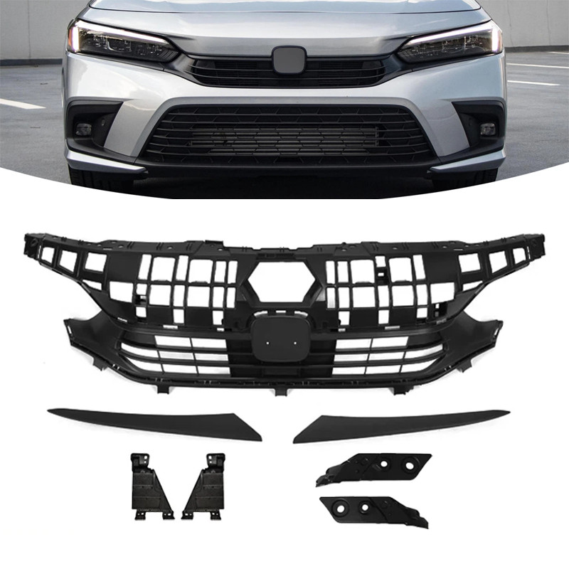 Front Bumper Upper Grille&Molding Set Black For 2022 2023+ Honda Civic Sedan 4D