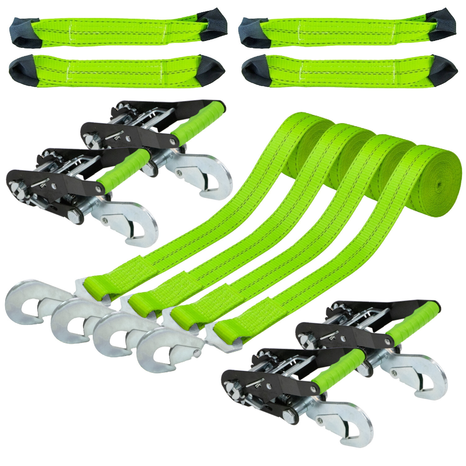 VULCAN 8-Point Car Tie Down Kit - Snap Hooks On Both Ends, 4 Pack - High-Viz VULCAN 8-Point Car Tie Down Kit - Snap Hooks On Both Ends, 4 Pack - High-Viz