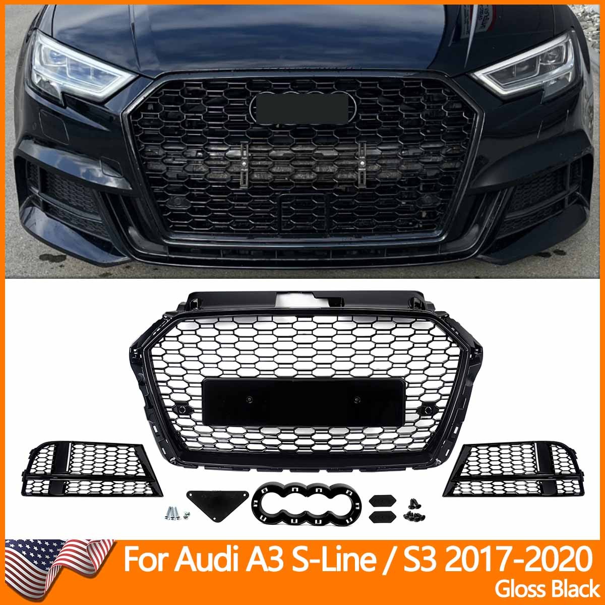 For 2017-20 Audi A3 8V S-Line & S3 Honeycomb Front Grill Fog Light Grille Covers