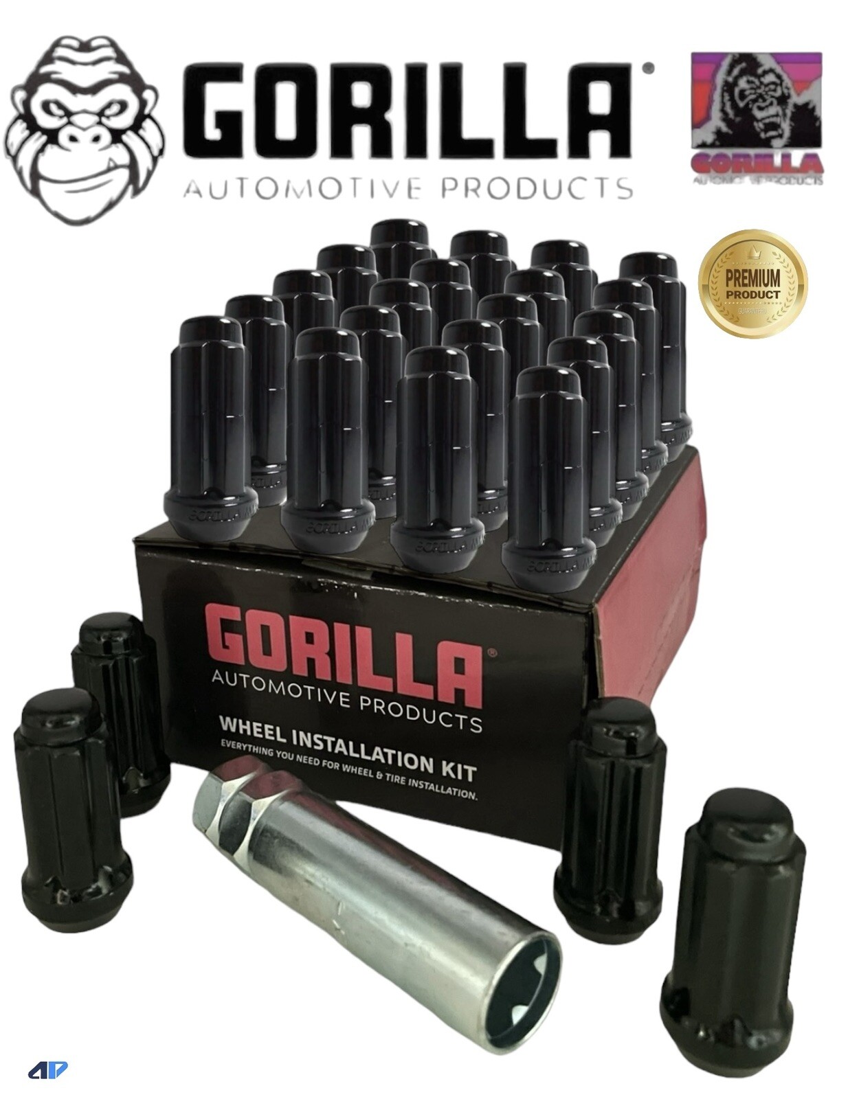 24 Gorilla Spline Drive Lug Nuts, 14x1.50 Black Duplex Long W/Key for Chevy 24 Gorilla Spline Drive Lug Nuts, 14x1.50 Black Duplex Long W/Key for Chevy
