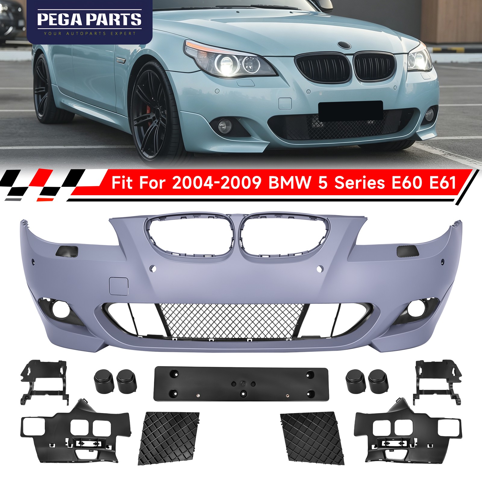 M Tech Style Front Bumper Kit With Fog Lights For 2004-2009 BMW 5 Series E60 E61