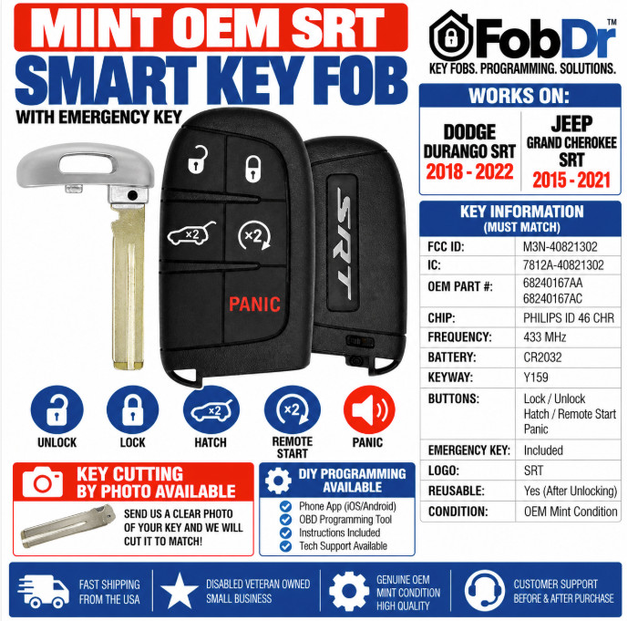 MINT OEM SRT DODGE DURANGO JEEP GRAND CHEROKEE SMART KEY M3N-40821302