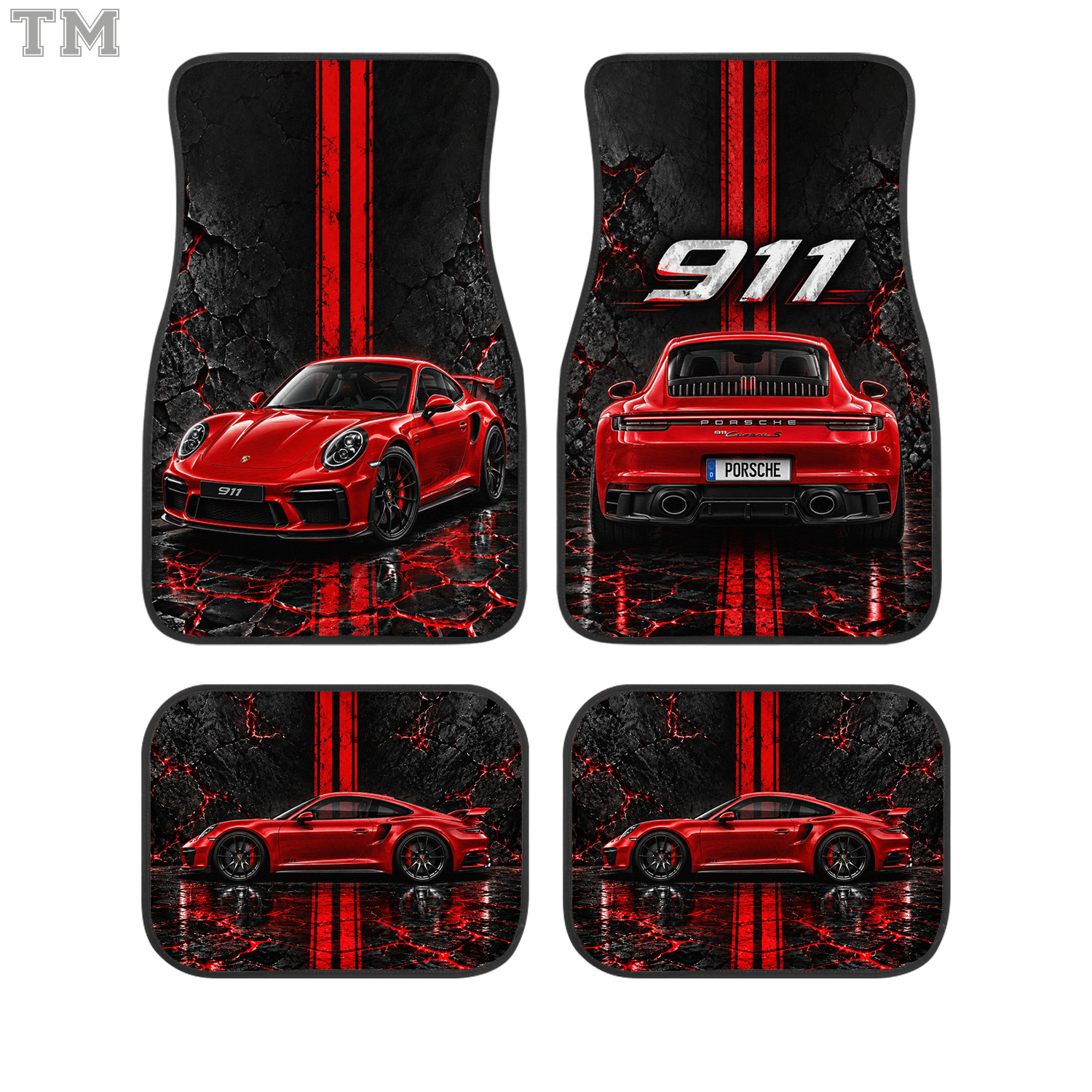 Red 911 Sports Car Floor Mats Set of 4 Magma Crack Racing Turbo Auto Rugs