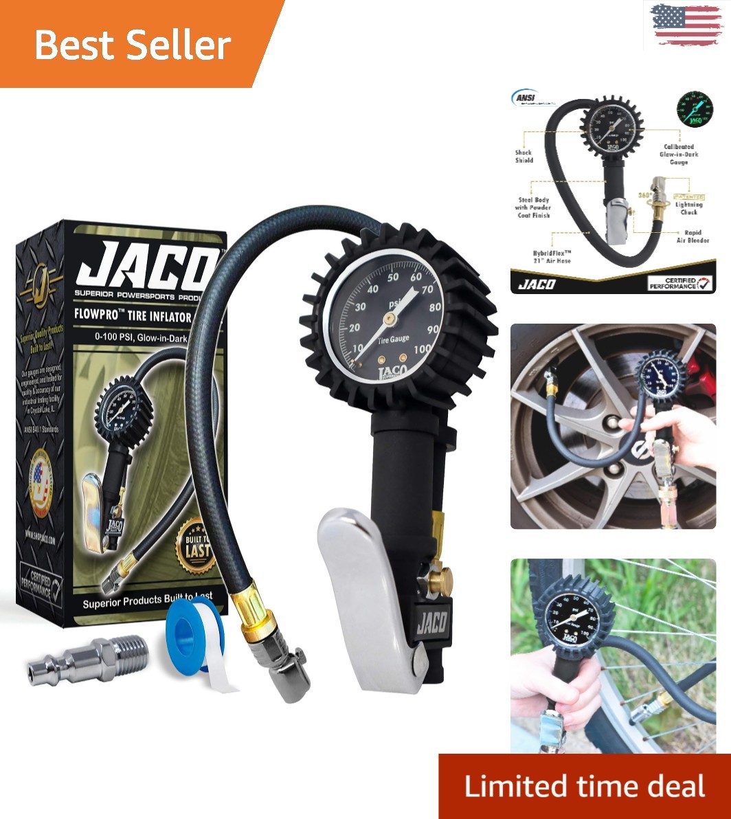 Professional JACO FlowPro Tire Inflator with 21-inch Hose & Easy Setup - 100 PSI