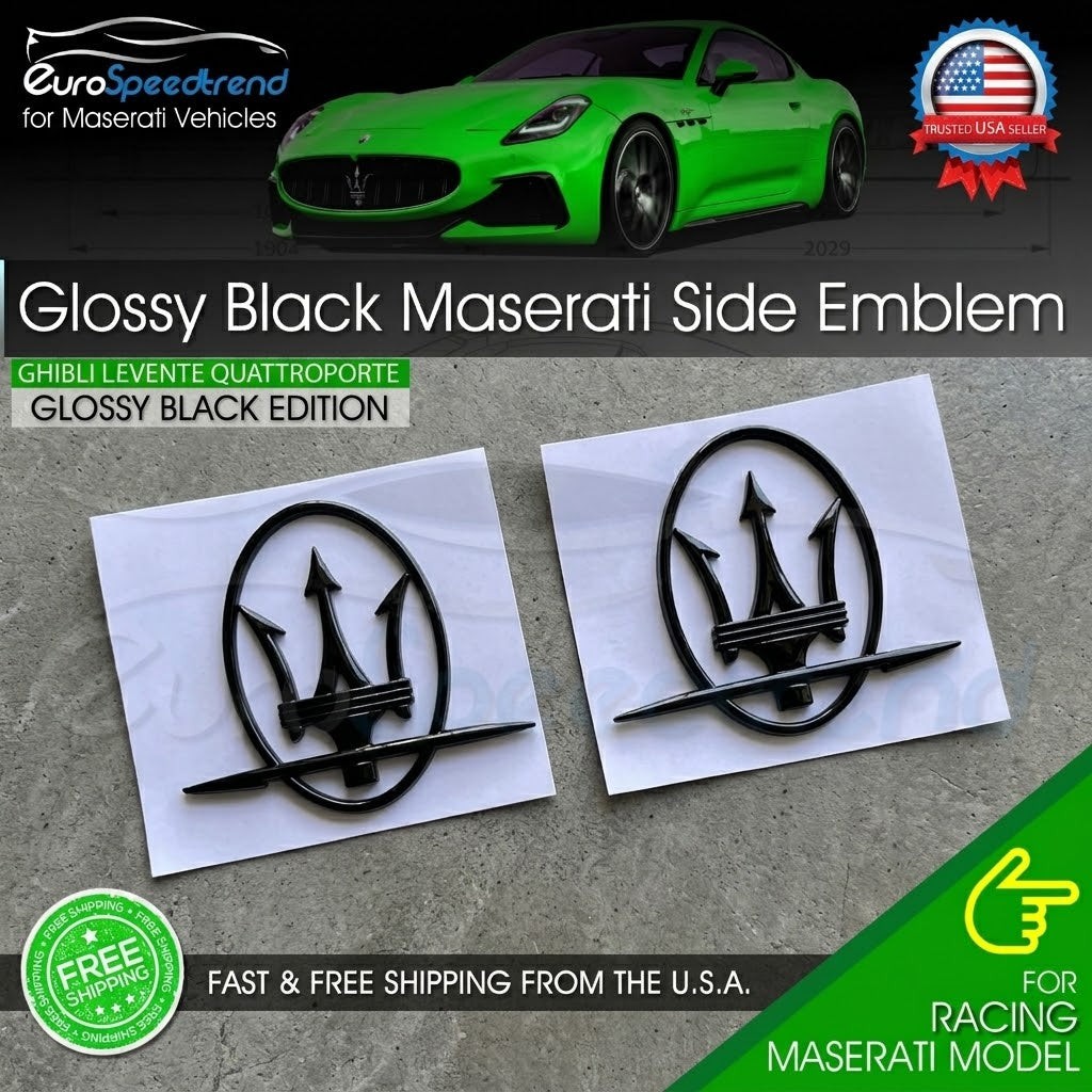 Maserati Side Emblem Gloss Black 3D Quaterpanel Logo Badge OE Ghibli Levante L+R Maserati Side Emblem Gloss Black 3D Quaterpanel Logo Badge OE Ghibli Levante L+R