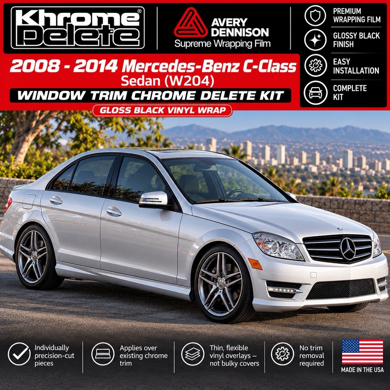 2008-2014 Mercedes-Benz C-Class W204 Window Trim Chrome Delete Gloss Black Vinyl