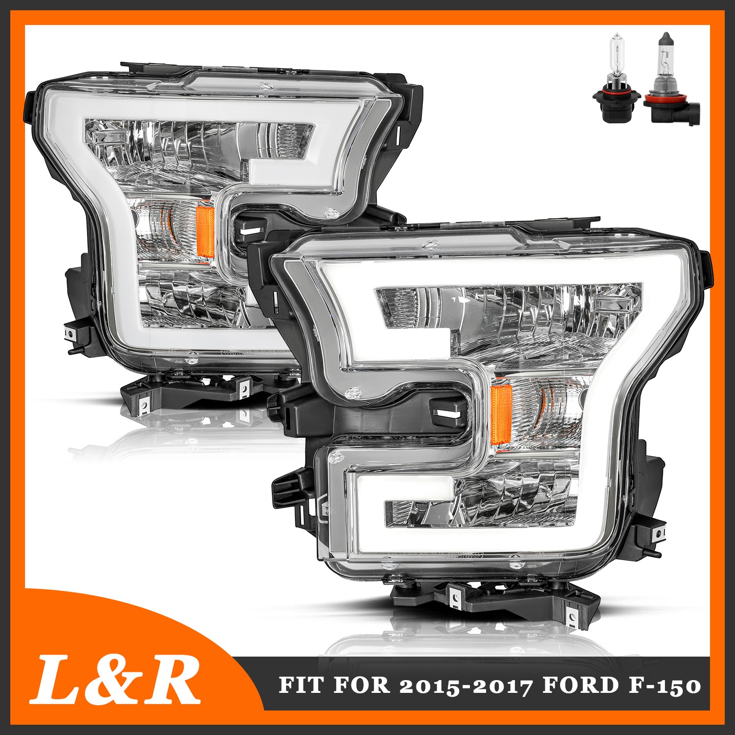 FOR 15-17 FORD F150 3D LED DRL TUBE RUNNING STRIP HEADLIGHT/LAMPS CHROME/AMBER