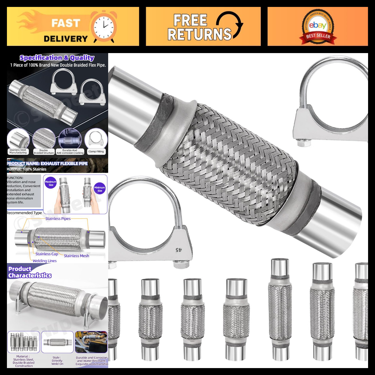 3Pcs Exhaust Flex Pipe Kit 1.75