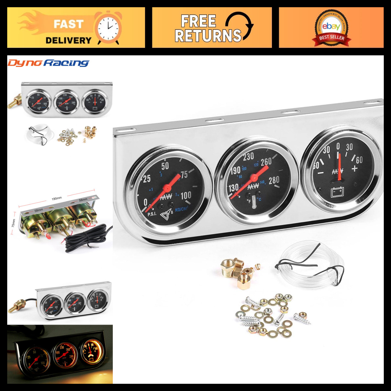 3-in-1 Car Gauge Kit - 52mm Mechanical Oil Pressure, Water Temp & AMP Meter, Chr 3-in-1 Car Gauge Kit - 52mm Mechanical Oil Pressure, Water Temp & AMP Meter, Chr