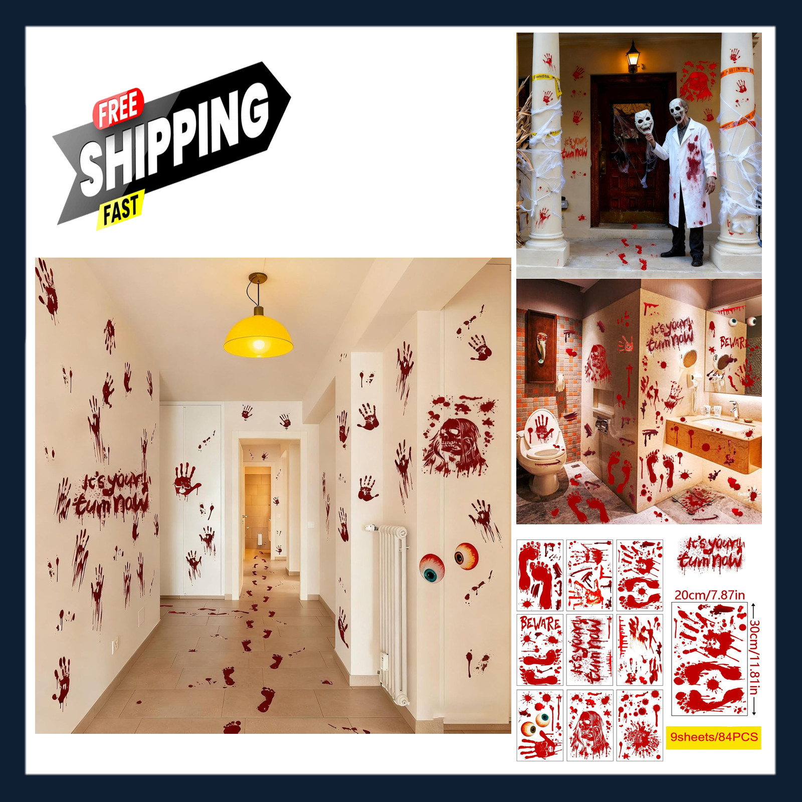 Halloween Window Cling Stickers 9 Sheets Bloody Handprint Footprint Decal PVC
