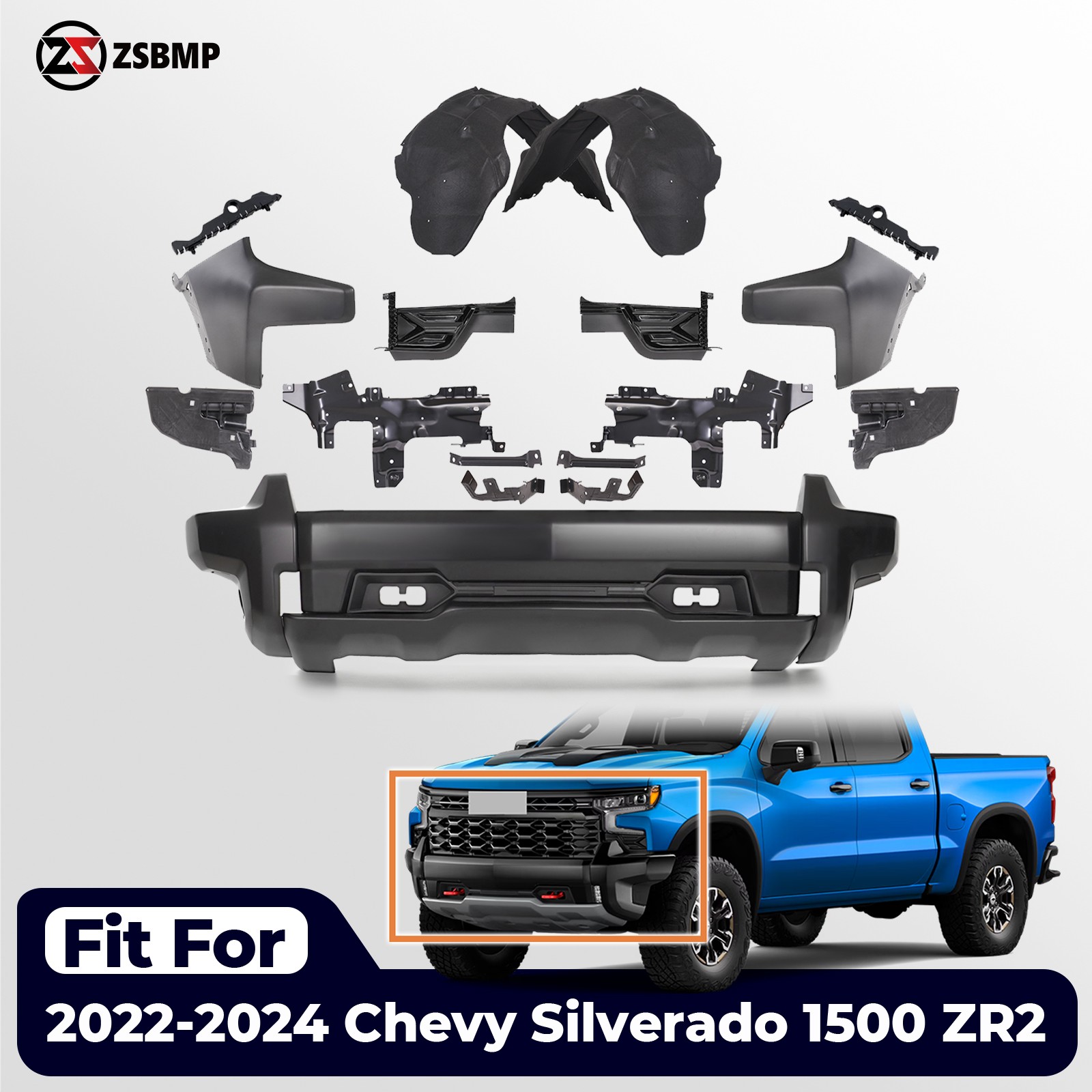 For 2022-2024 Chevy Silverado 1500 ZR2 Front Left Right Bumper Primed w/o Grille For 2022-2024 Chevy Silverado 1500 ZR2 Front Left Right Bumper Primed w/o Grille