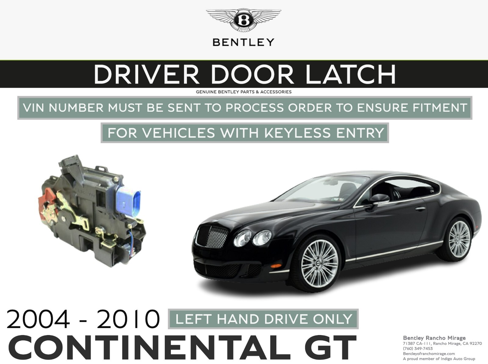 2004-2010 Genuine Bentley CONTINENTAL GT  LEFT/ DRIVER Door Latch Keyless Entry