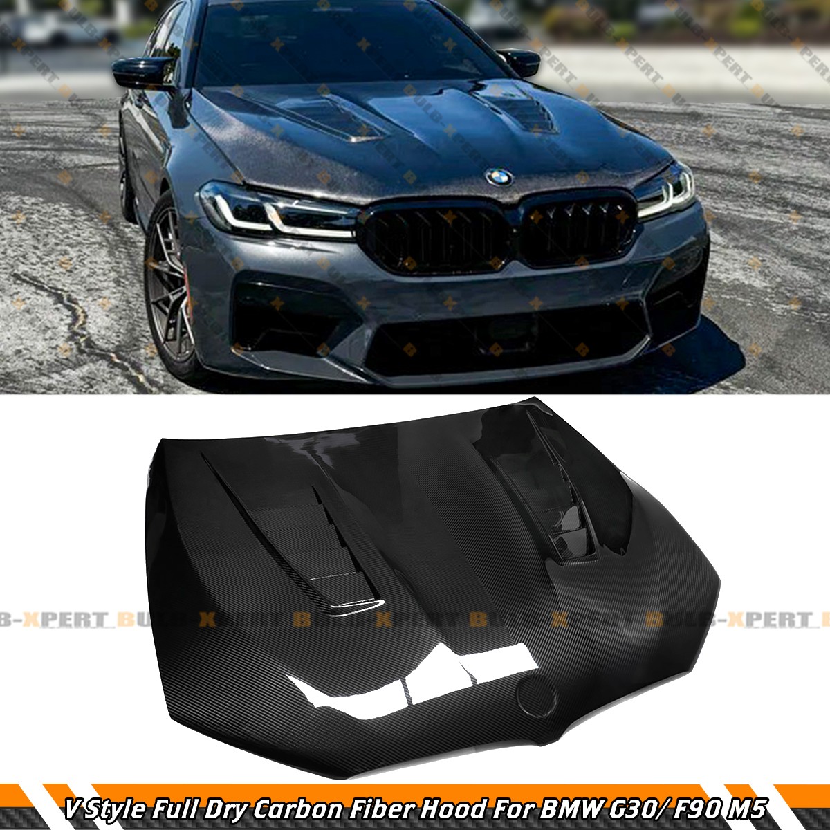For 17-23 BMW F90 M5 G30 530i V Style Full Carbon Fiber Front Bonnet Hood Panel