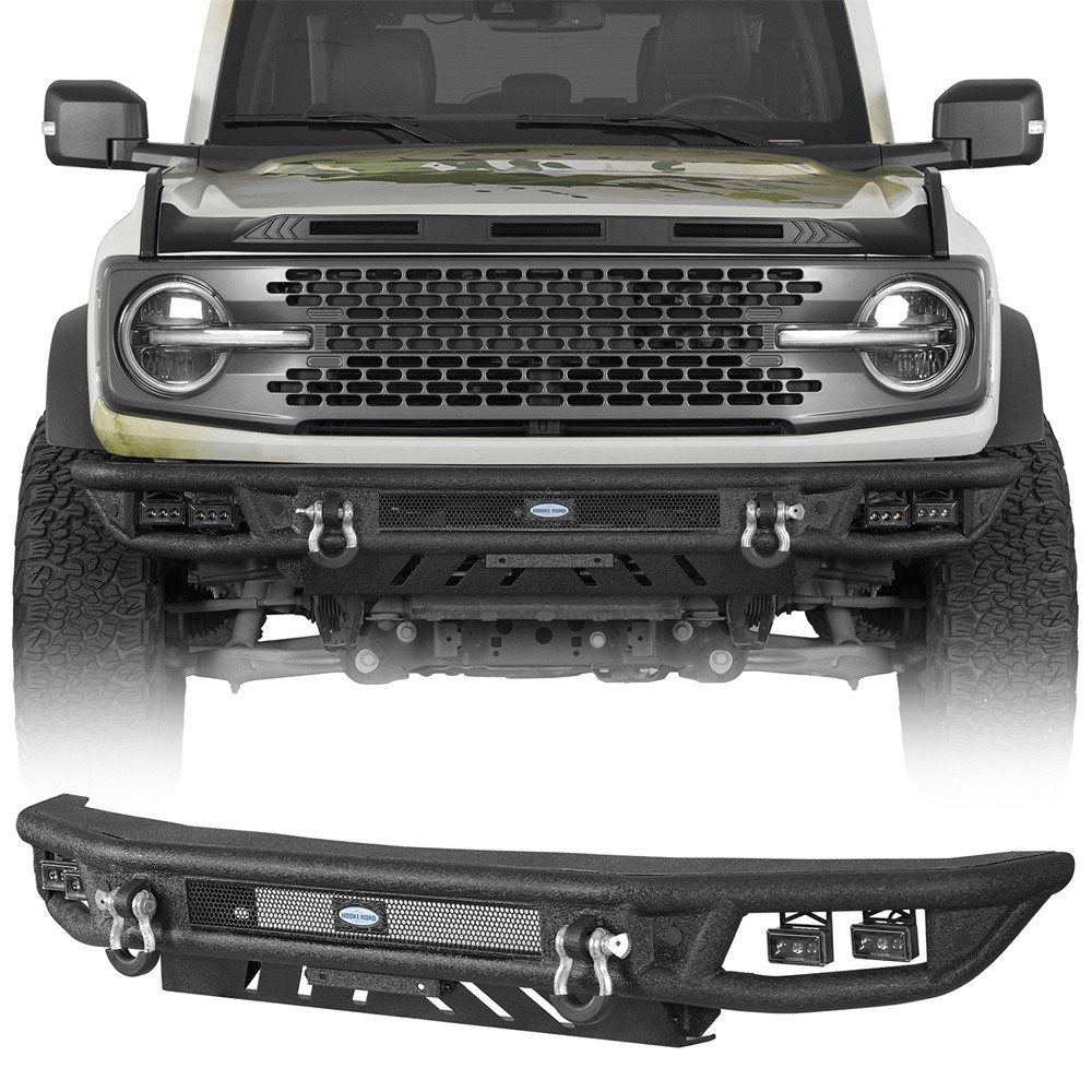 Fit 2021-2026 Ford Bronco Steel Front Bumper w/ Skid Plate & LED Lights &D-rings