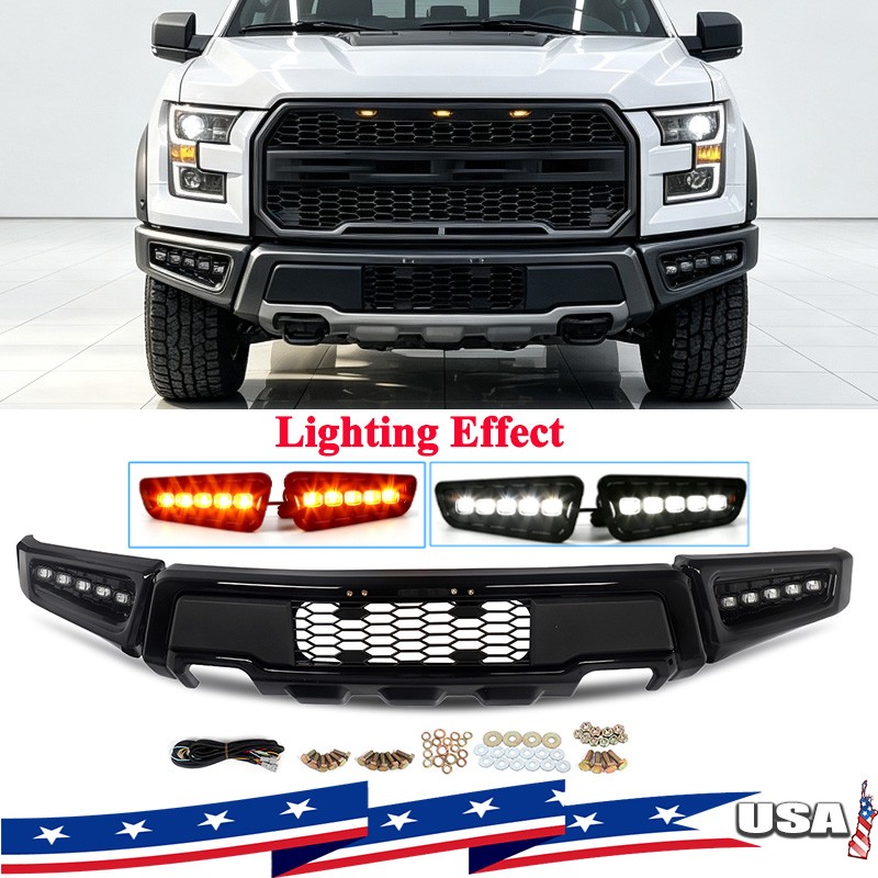 Black Steel Raptor Style Front Bumper W/LED Lights For Ford F-150 F150 2015-2017