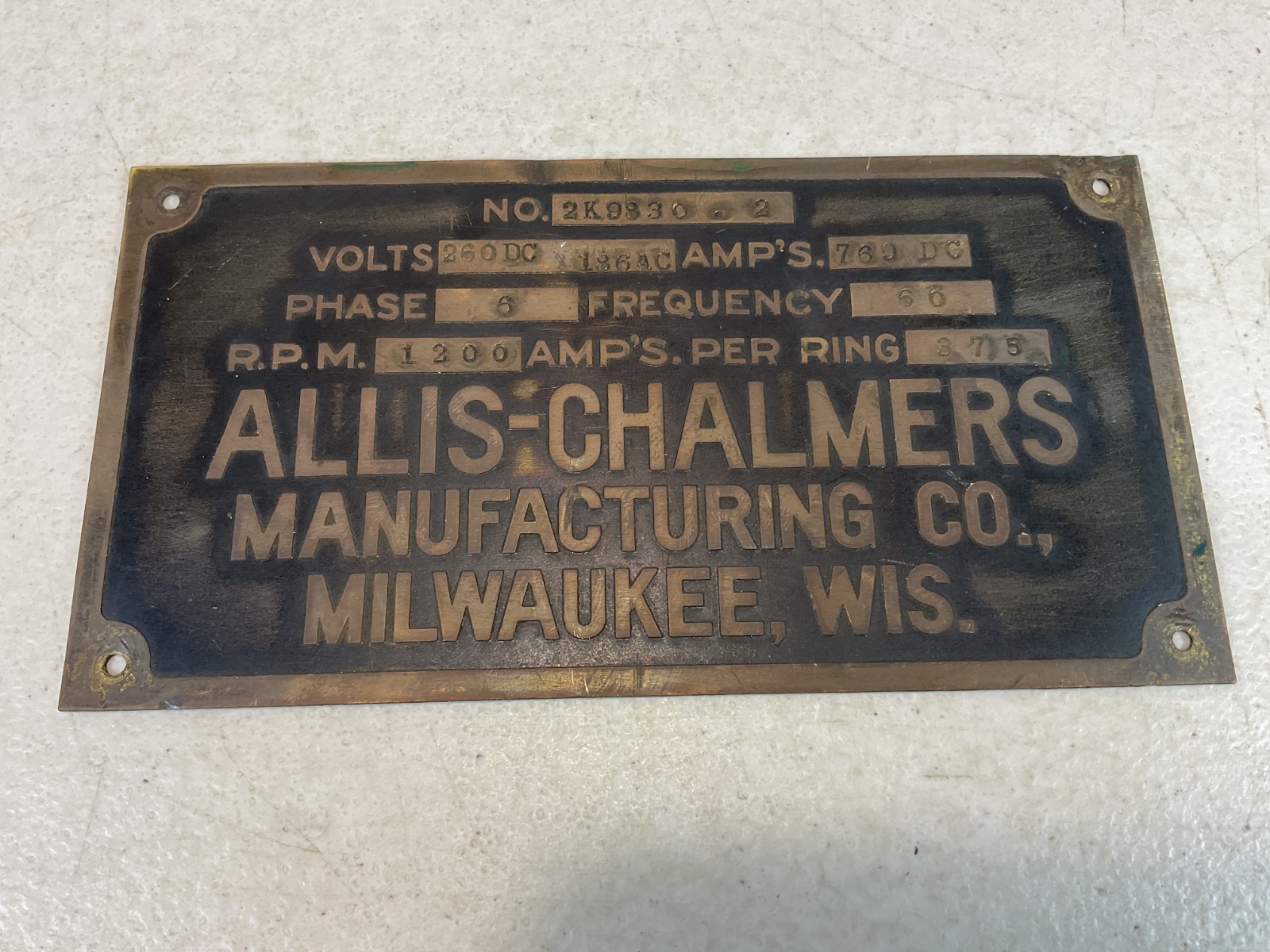 Vintage Brass Allis-Chalmers Machinery Plaque Vintage Brass Allis-Chalmers Machinery Plaque