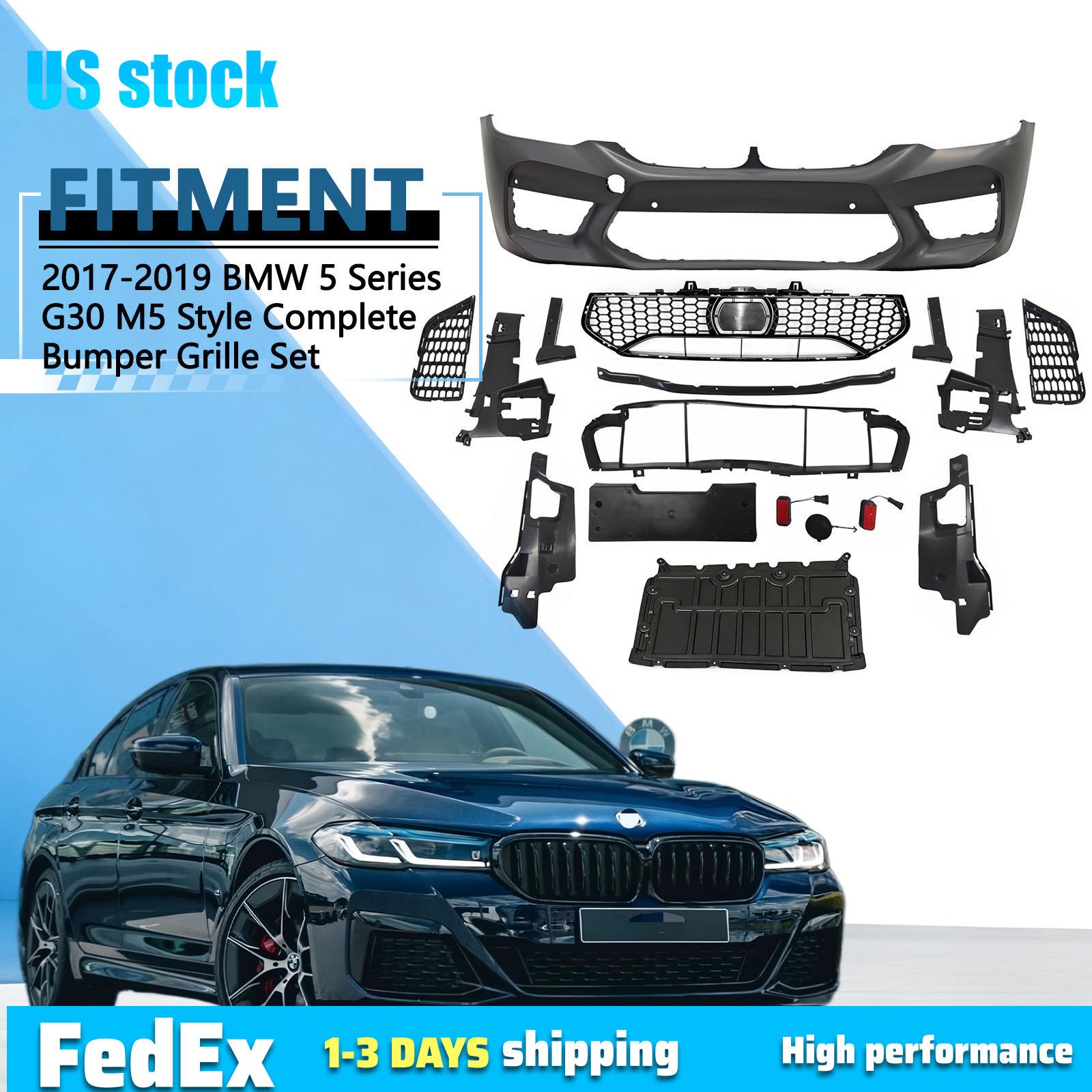 To M5 Style Complete Bumper Grille Fit For 2017 2018 2019 BMW 5 Series G30