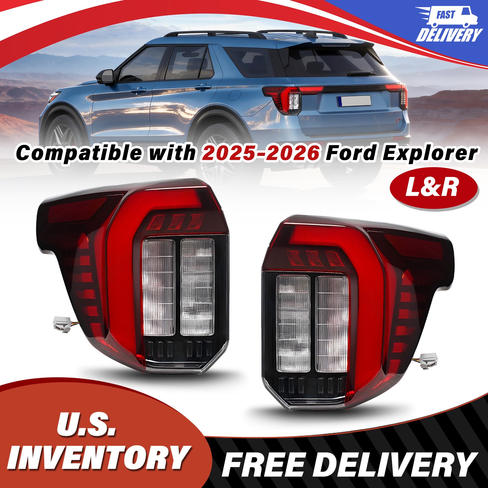 LH Driver & RH Passenger Side Rear LED Tail Lamp Pair For 2025-26 Ford Explorer