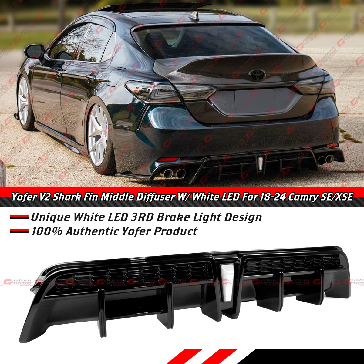For 18-2024 Camry Yofer V2 Gloss Black Rear Bumper Middle Diffuser W/ White LED For 18-2024 Camry Yofer V2 Gloss Black Rear Bumper Middle Diffuser W/ White LED