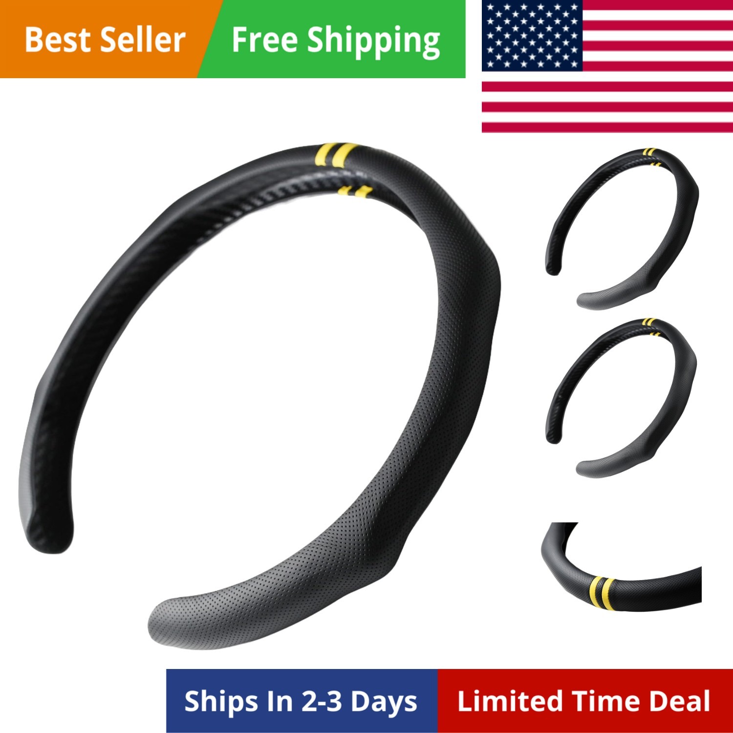Quick Install Sporty Perforated Nappa Leather Steering Wheel Cover with Yello...