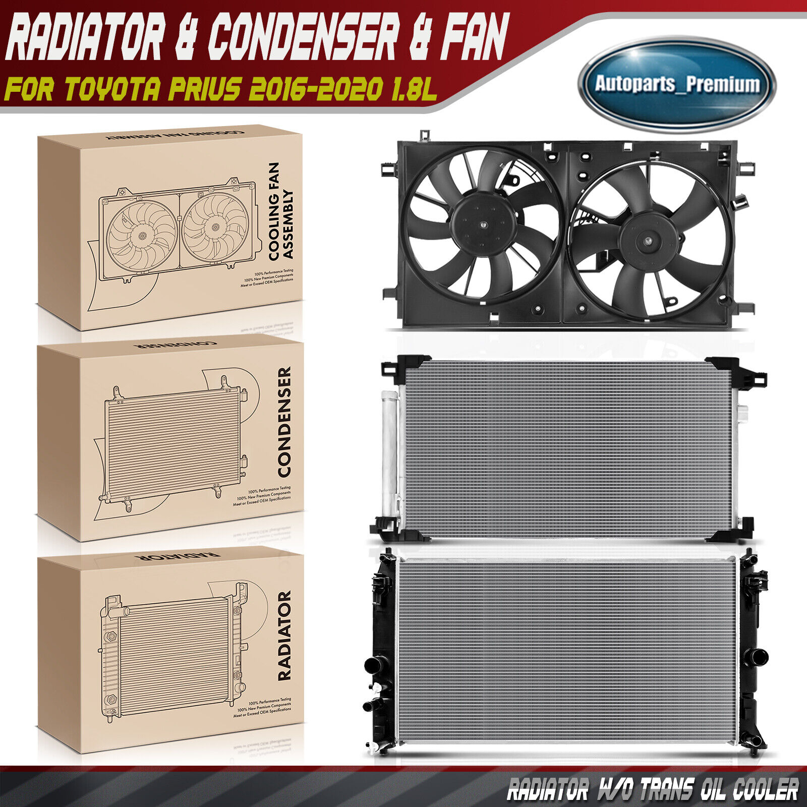 Radiator & AC Condenser & Dual Cooling Fan Kit for Toyota Prius 2016-2020 1.8L