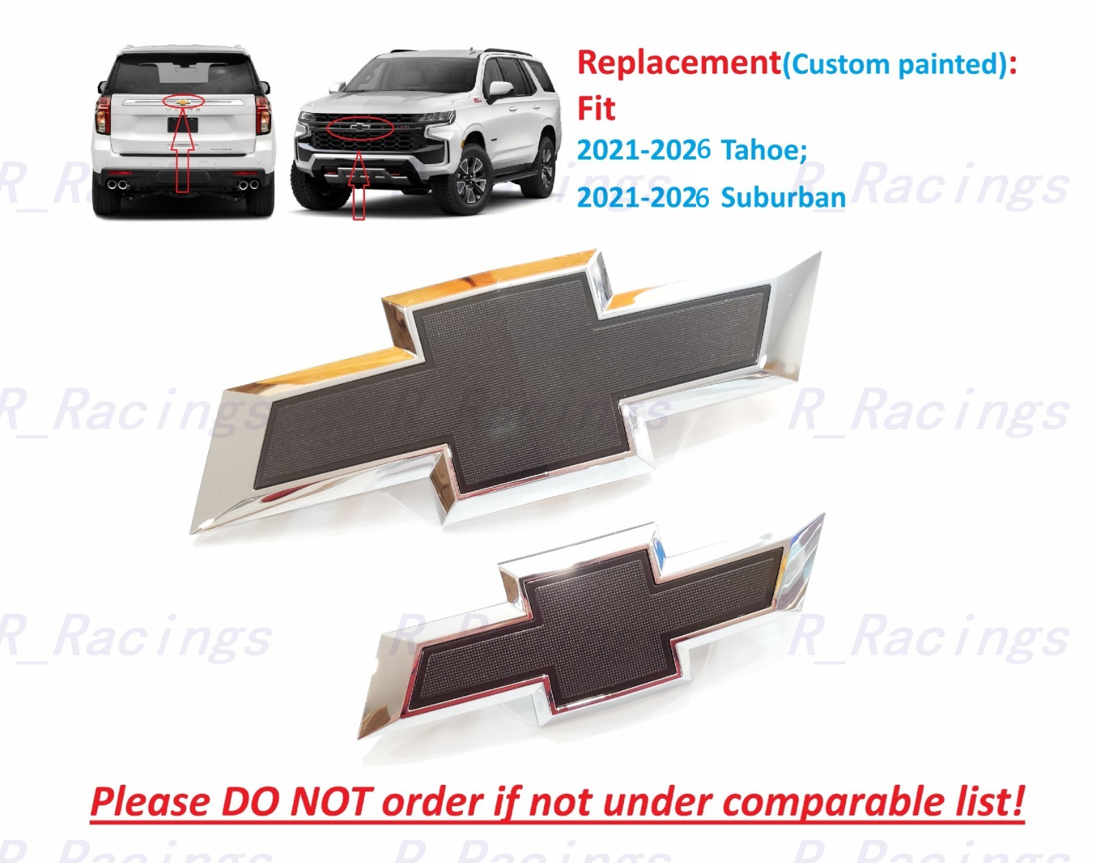 2PC Custom Front Rear Chrome Black Bowtie Emblems Fit 2021-2026 Suburban Tahoe