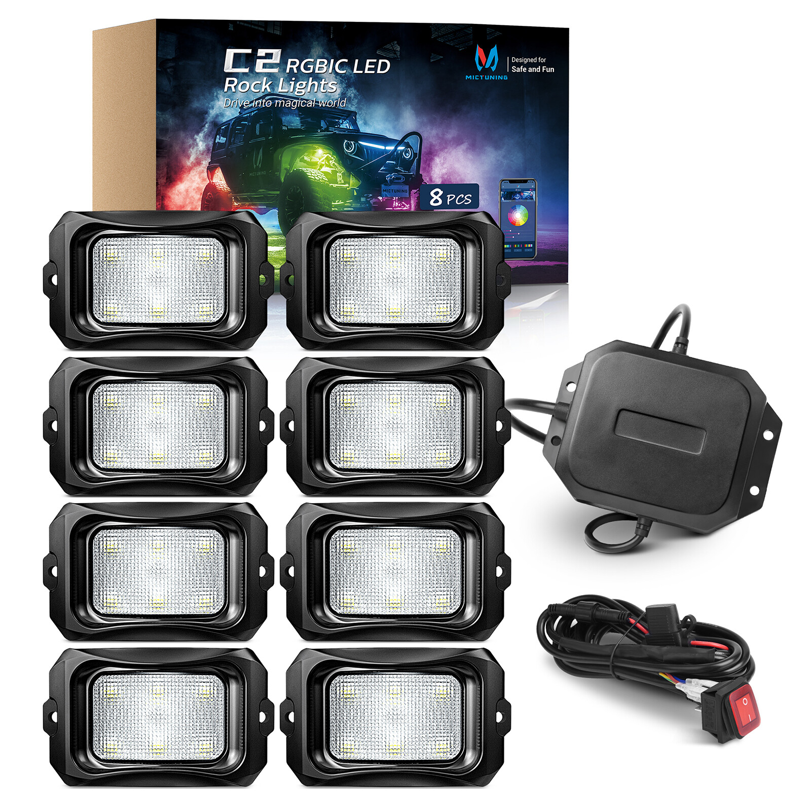 MICTUNING C2 8-16 Pods RGB+IC LED Rock Light APP Color Change Underglow Neon Kit