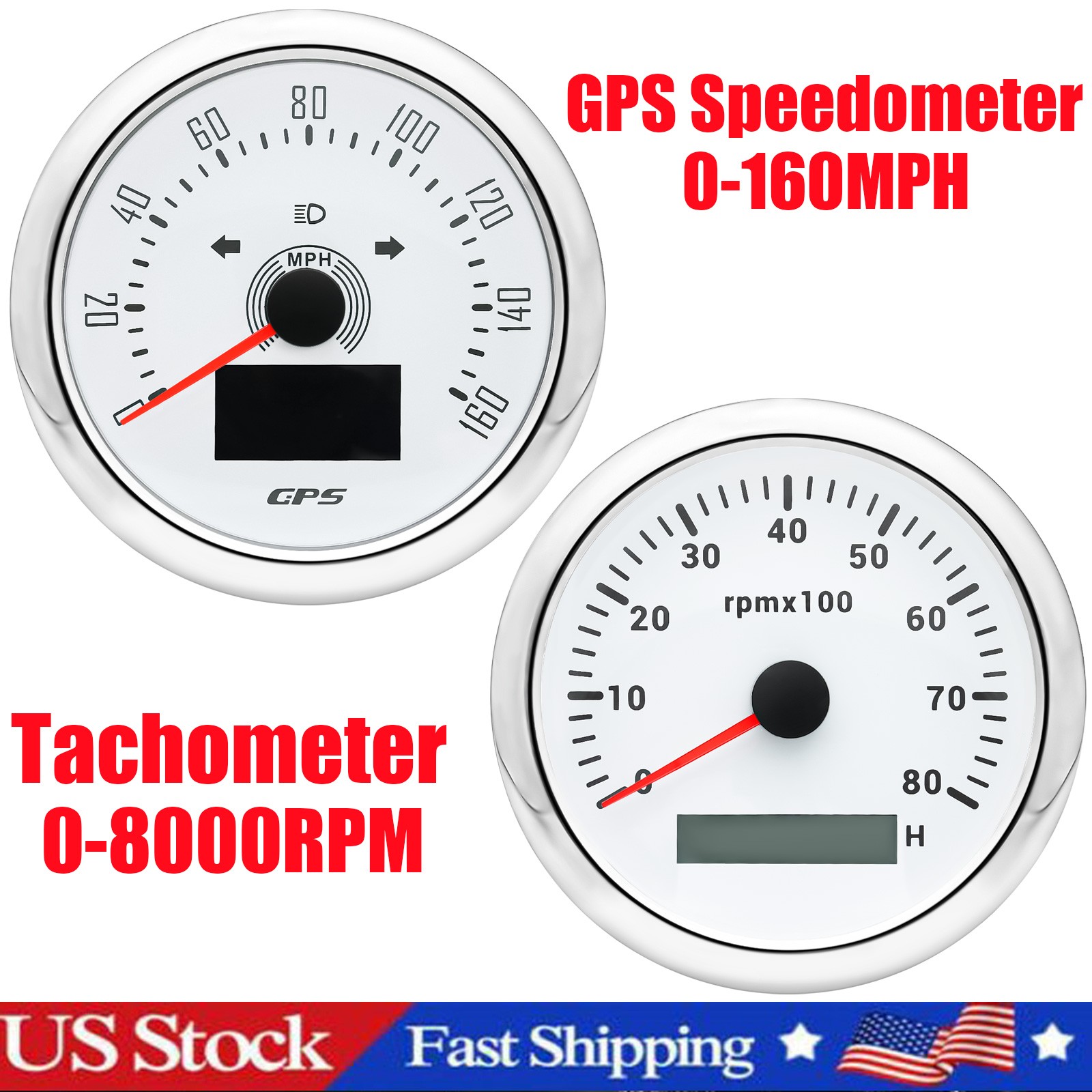 85mm White GPS Speedometer 160MPH Tachometer 8000RPM Gauge Set for Boat Car US