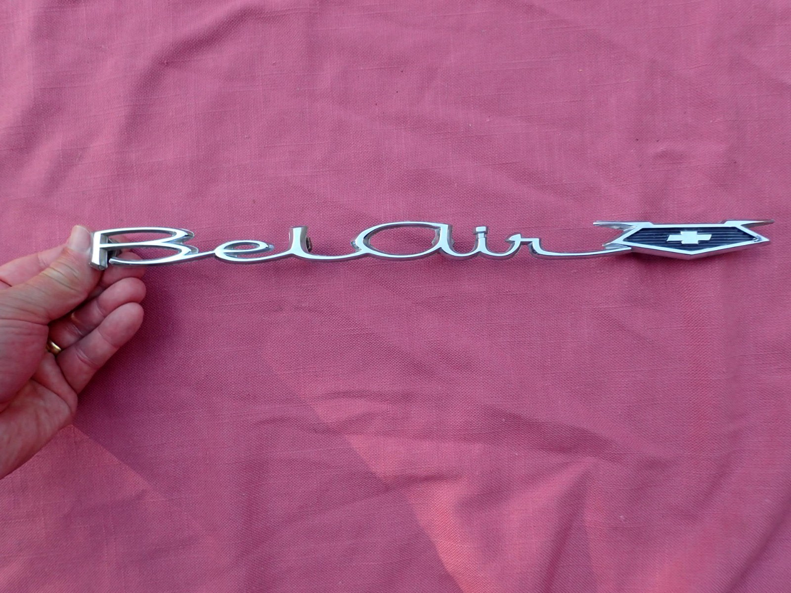 1965-66 Chevy Bel Air quarter panel emblem script, nice 4497068