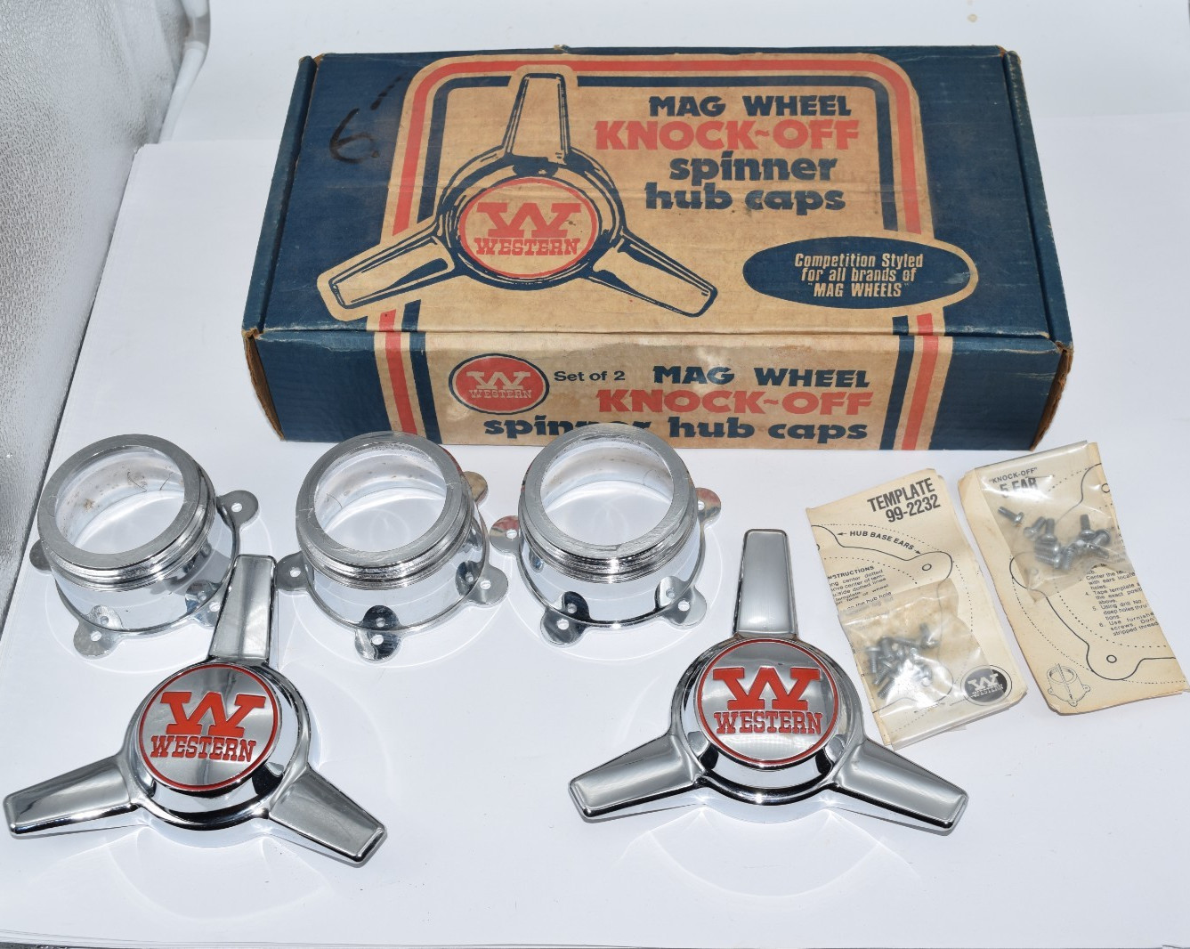 Vintage Western Mag Wheel Knock Off Spinner Hub Caps Chrome NOS Box Hardware