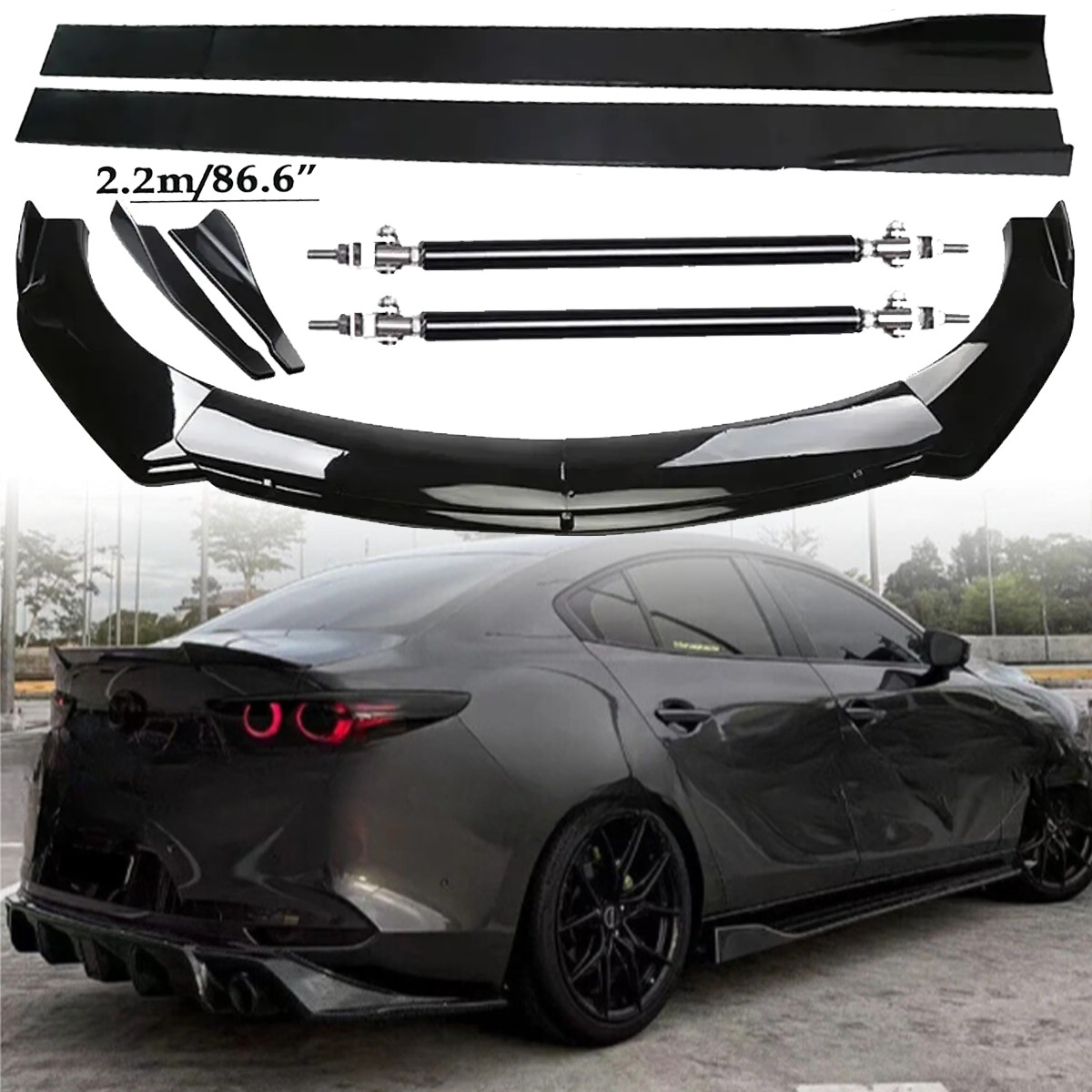 Front Bumper Lip Spoiler Side Skirts Rear Glossy Black For Mazda 3 Sedan Hatch