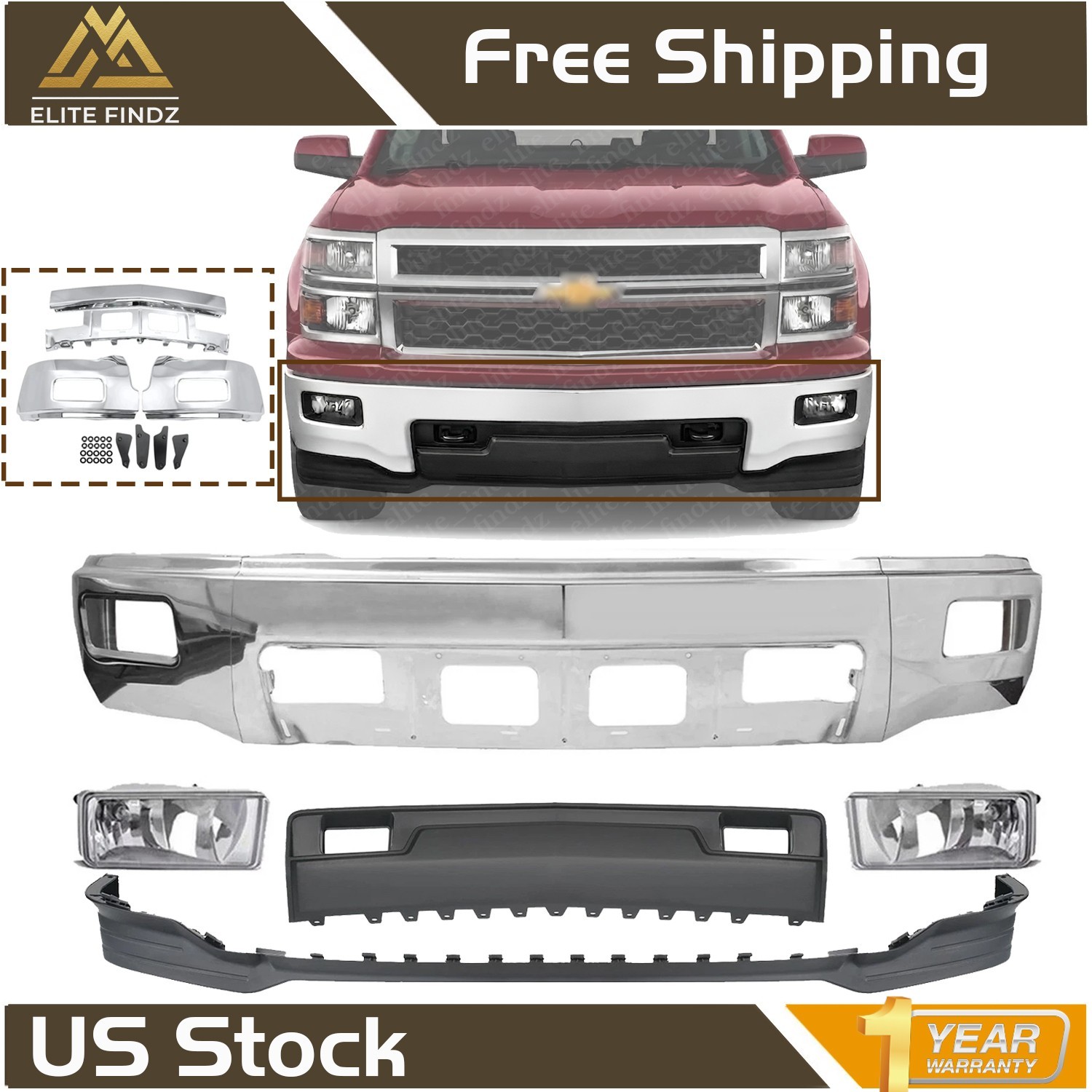 Front Bumper Chrome & Fog Lights Kit For 2014-2015 Chevrolet Silverado 1500