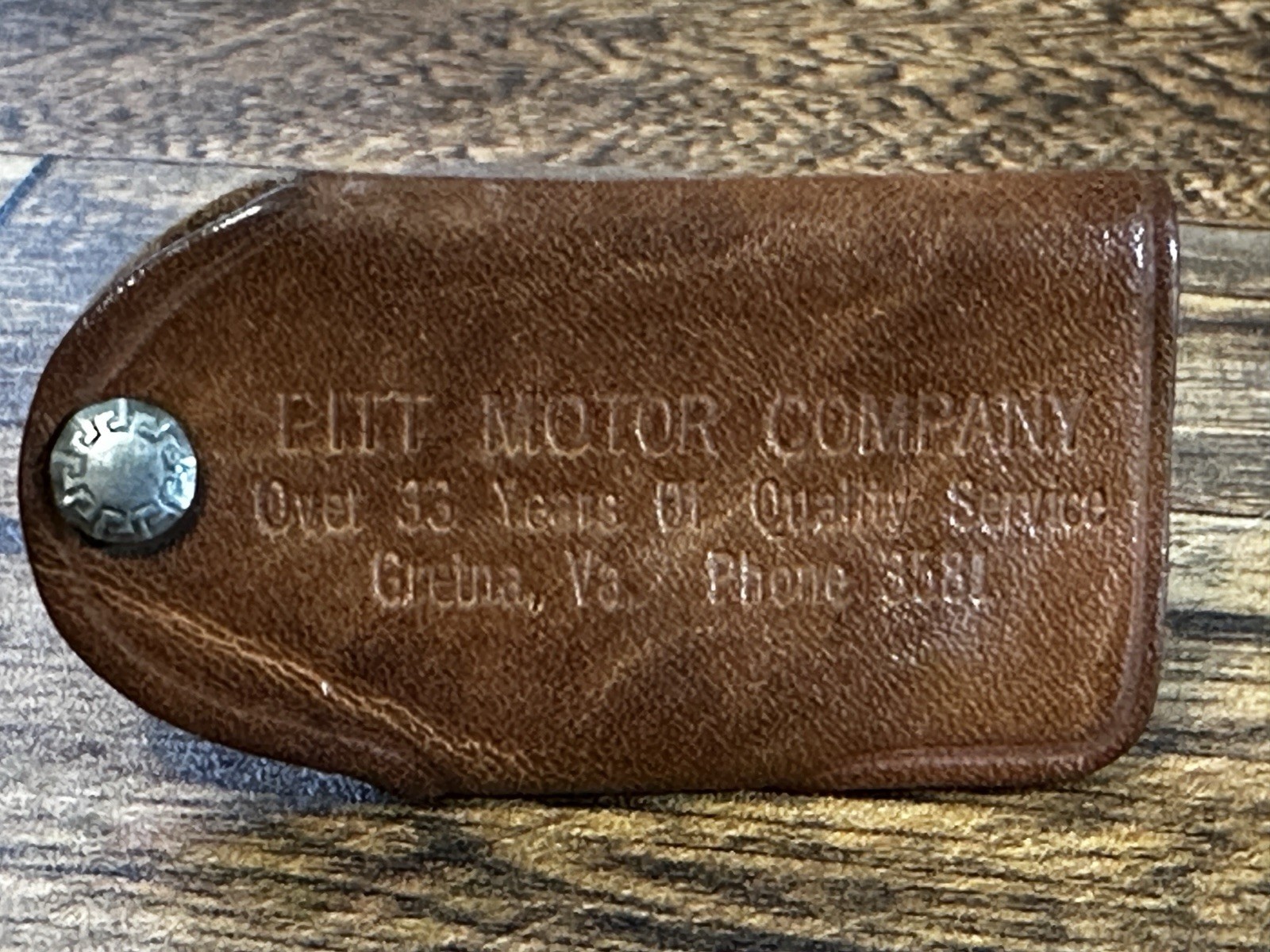 ANTIQUE LEATHER KEY FOB CASE CHEVROLET PITT MOTOR COMPANY GRETNA,VA (1930s-40s?)