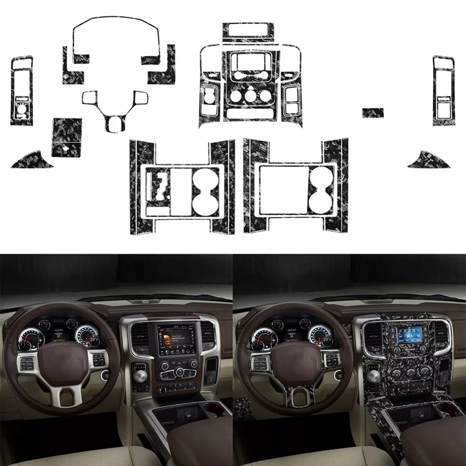 50Pcs Forged Carbon Fiber Kits Full Interior Trim For RAM 1500 2500 3500 2013-18