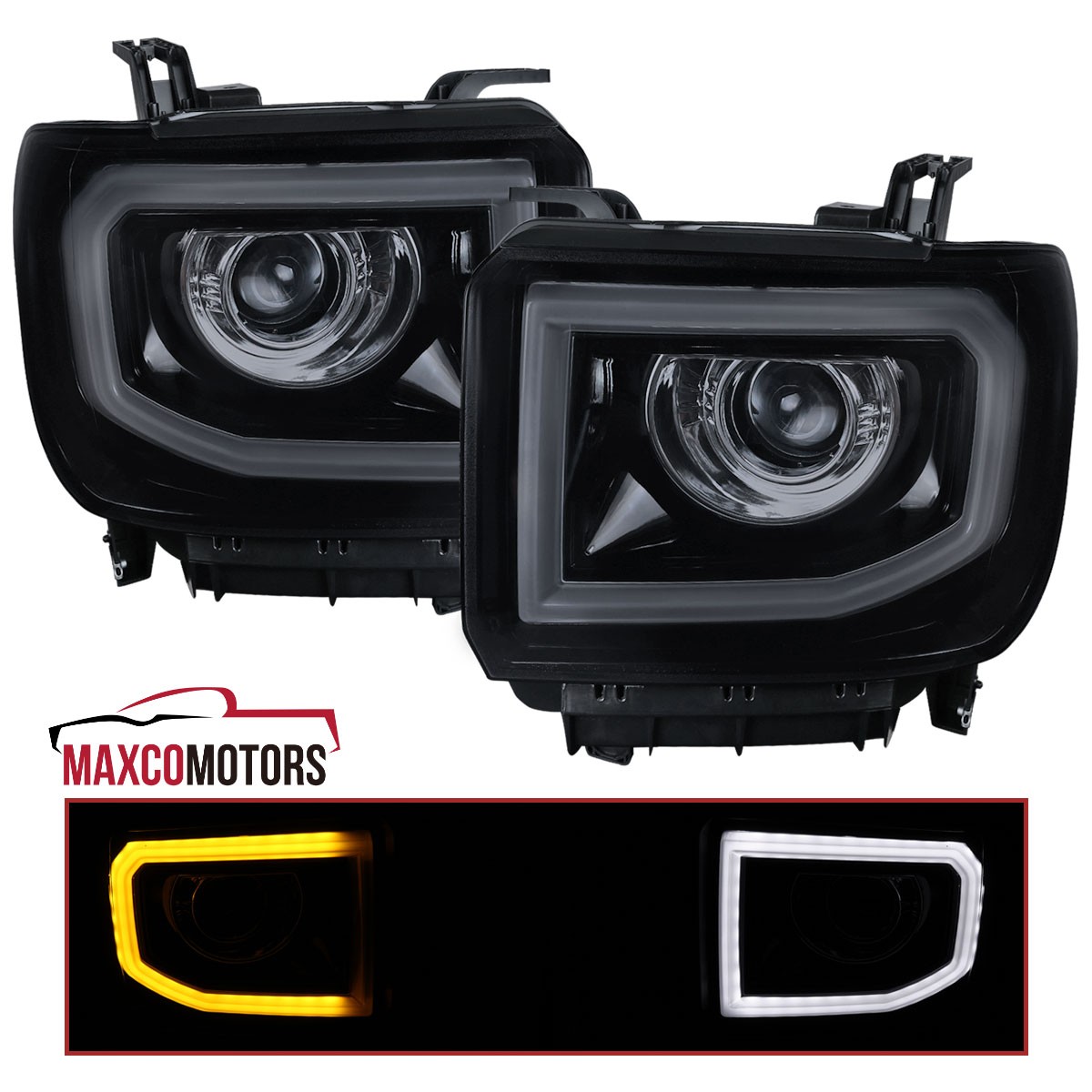 Smoke Fits 2014-2019 GMC Sierra 1500 2500HD Projector Headlights LED Strip Lamps