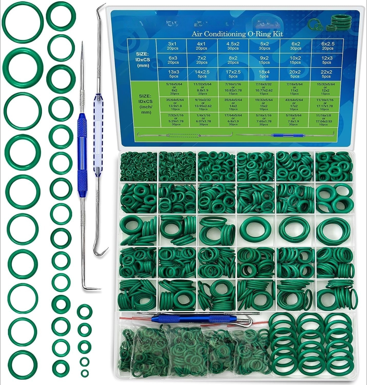 595Pcs Car A/C O Rings Kit SAE and Metric Faucet Seal Repair with 4 Pick & Hook